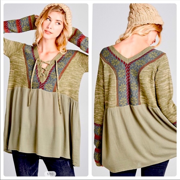 Private Label Tops - Sassy😍green lace-up top w/embroidery detail -🙏Donated to Catholic Charities🙏